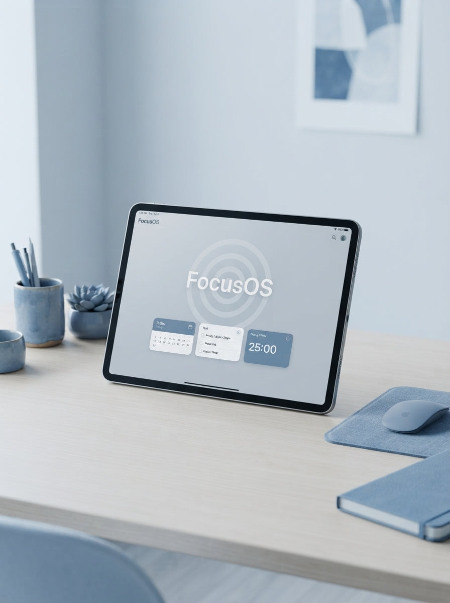 FocusOS productivity software interface on a tablet screen surrounded by dusty blue and slate blue office accessories.
